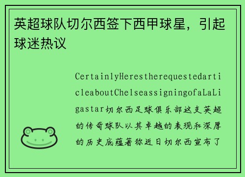 英超球队切尔西签下西甲球星，引起球迷热议